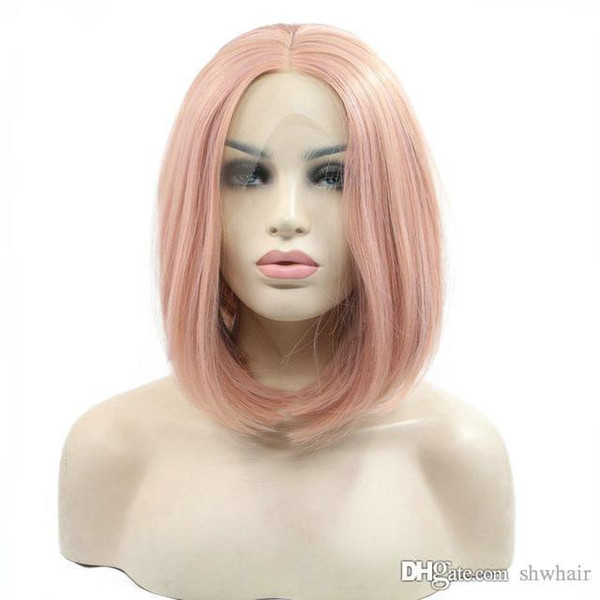 Pink Lace Front Wig Synthetic Bob Short Heat Resistant Fiber Straight Hand Tied Synthetic Lacefront Wigs Middle Part For White Women