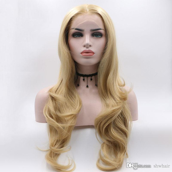 Lace Wig Synthetic Handmade Light Blonde Mix Brown Glueless High Temperature Fiber Hair Long Natural Wave Synthetic Lace Front Wigs