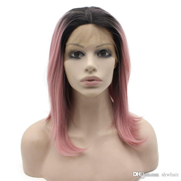 Short Black Synthetic Wig Ombre Pink For White Women Heat Resistant High Temperature Short Bob Ombre Pink Synthetic Hair Lace Wigs Lacefront