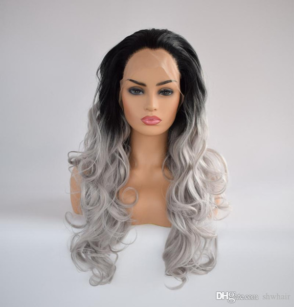 Lace Front Ombre Wig Grey For White Women Heat Resistant Fiber Hair Two Tone Silver Lacefront Wigs Synthetic Free Parting