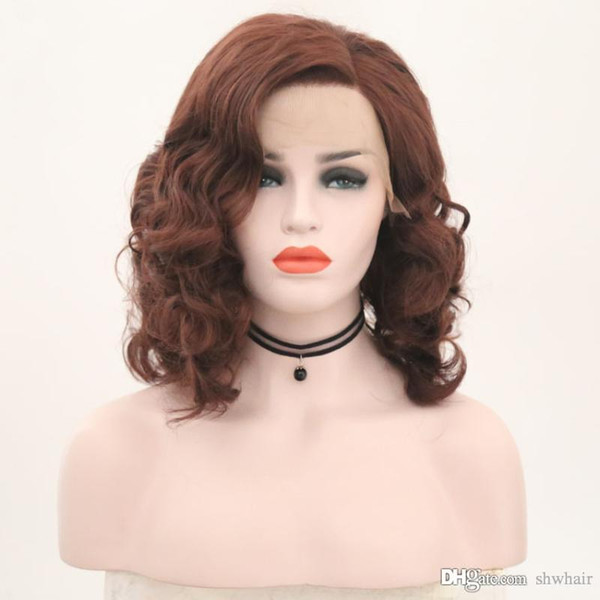 Brown Wig Synthetic Heat Resistant Wavy 150 Density Side Part Bob Short Wave Brown Synthetic Lace Front Wigs For Black Women