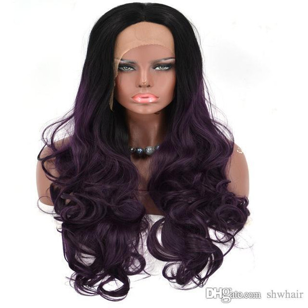 Black Purple Ombre Lace Front Wig Synthetic Black Root Long Body Wave Natural Hair Cheap Synthetic Wigs High Temperature Fiber