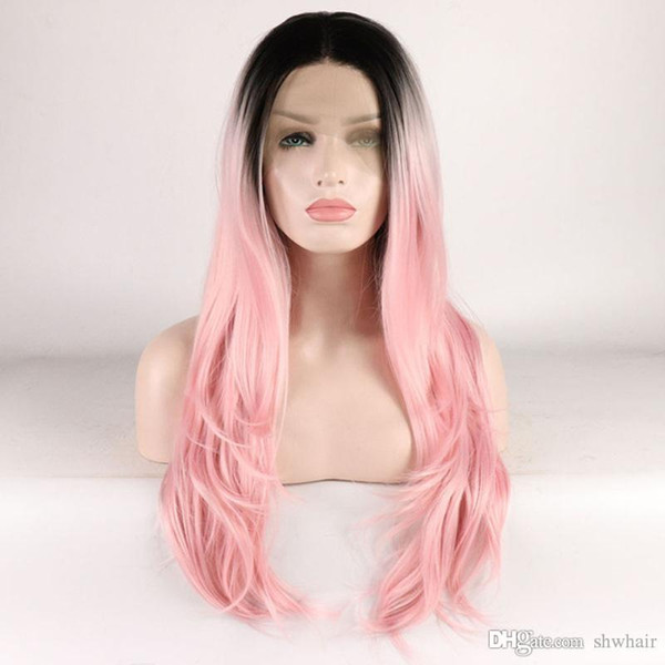 Pink Ombre Wig For White Women Ombre Dark Roots To Pink Glueless Lace Front Synthetic Hair Wigs Heat Resistant Middle Part