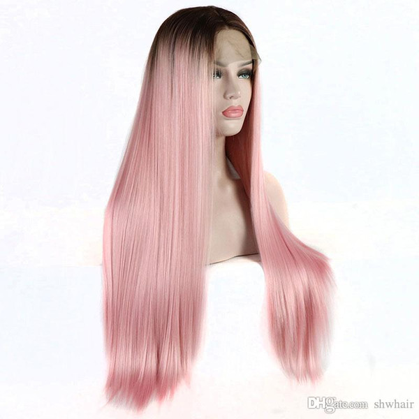 Ombre Lace Front Wig Synthetic Pink Dark Roots Heat Resistant Fiber Glueless Silky Straight Ombre Synthetic Pink Lace Wigs For White Women