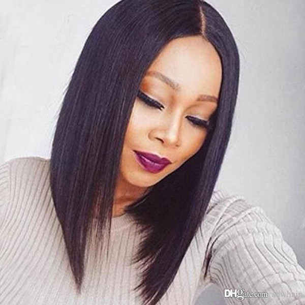 Bob Style Synthetic Wigs Short Middle Part Glueless Straight Black Hair Heat Resistant Synthetic Lace Front Wig Bob With Natural Hairline