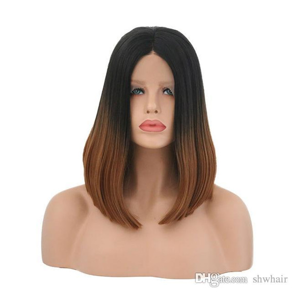 Synthetic Bob Lace Wigs Dark Roots Ombre Brown Cheap Short Straight Bob Synthetic Hand Tied Wig Heat Resistant Fiber Hair For Women