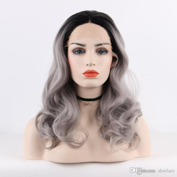 Grey Synthetic Lace Front Wig Ombre Dark Root Loose Wave Heat Resistant Fiber Hair Silver Grey Ombre Synthetic Lacefront Wigs For Women