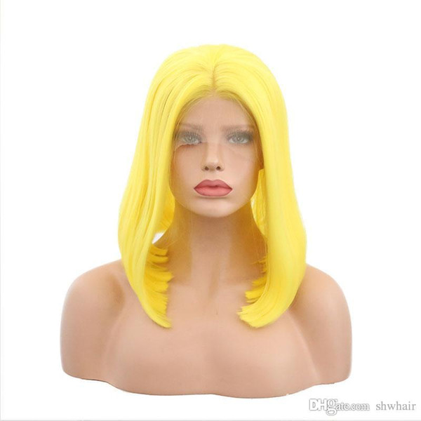 Short Bob Synthetic Hair Lace Front Wig For White Women Yellow Straight Synthetic Lacefront Wigs Cheap Glueless Heat Resistant Hair