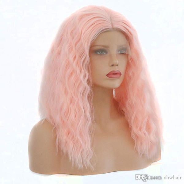 Synthetic Short Hair Wigs Bob Peach Pink Color Water Wave Hand Tied Heat Resistant Fiber Lace Front Wig Middle Paring