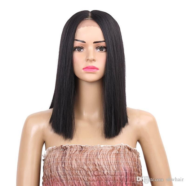 Yaki Lace Front Wigs Bob Short High Temperature Fiber Middle Part Heat Resistant Glueless Yaki Straight Synthetic Wig For Black Women