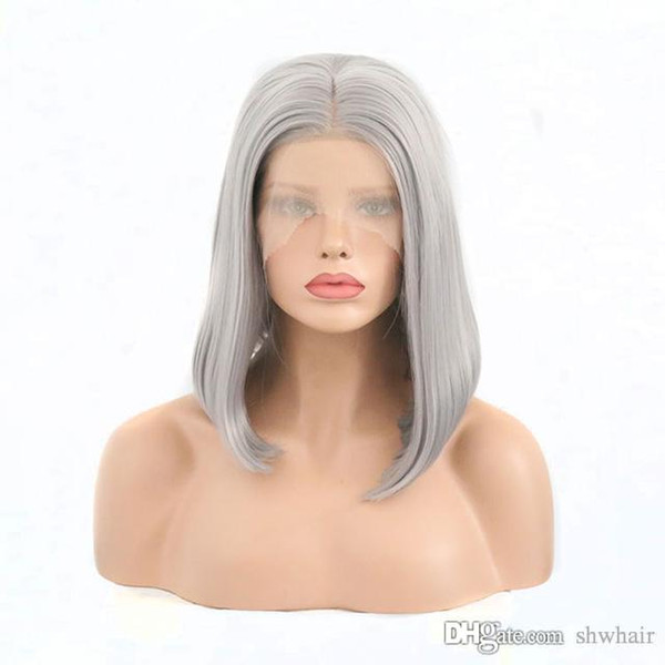 Synthetic Front Lace Wigs Grey Silver Color Glueless Short Straight Bob Synthetic Lace Front Wig Heat Resistant Fiber Middle Part