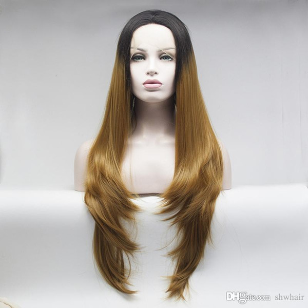 High Quality Synthetic Lace Front Wigs Ombre Long Straight Glueless Two Tone Ombre Synthetic Wig For Black Women