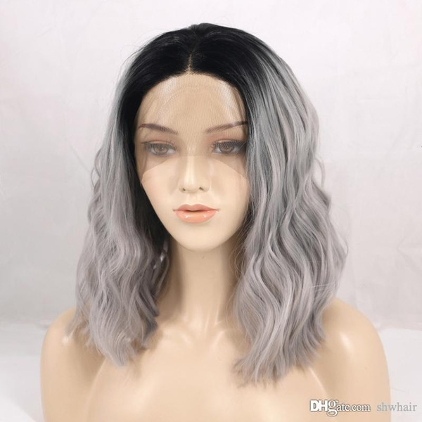 Grey Lace Wigs Bob Short Cut Synthetic Natural Wave Middle Part Bob Silver Ombre Synthetic Lace Front Wig For White Women