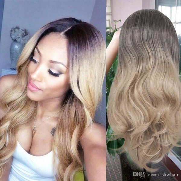 Blonde Wigs Brown Roots For Black Women Ombre Color Glueless Heat Resistant Long Body Wave Black Roots Ombre Blonde Synthetic None Lace Wig