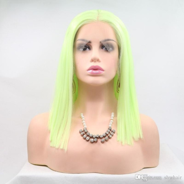 Short Synthetic Wigs Yellow Green Bob Cut Natural Hairline Heat Resistant Fiber Synthetic Lace Front Wig For Black Women