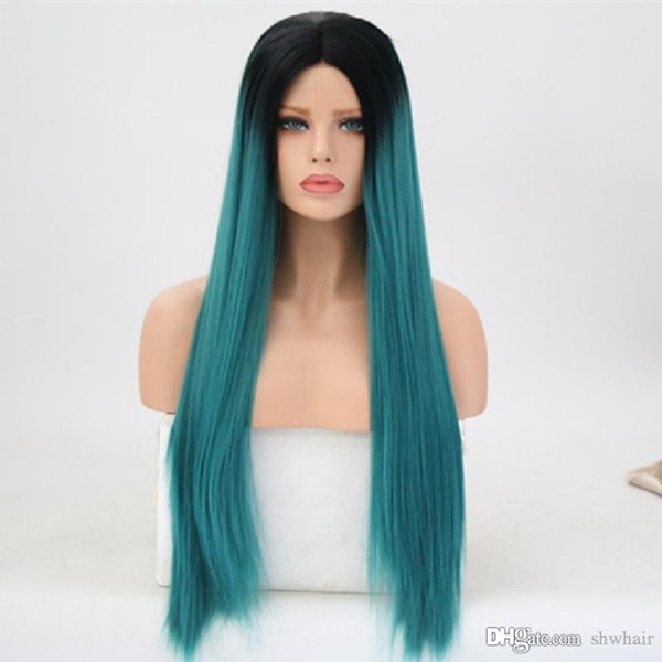 Synthetic Ombre Middle Part Straight Wig Black To Blue Glueless Heat Resistant Synthetic Lace Front Wigs Ombre Blue Black Root For Women