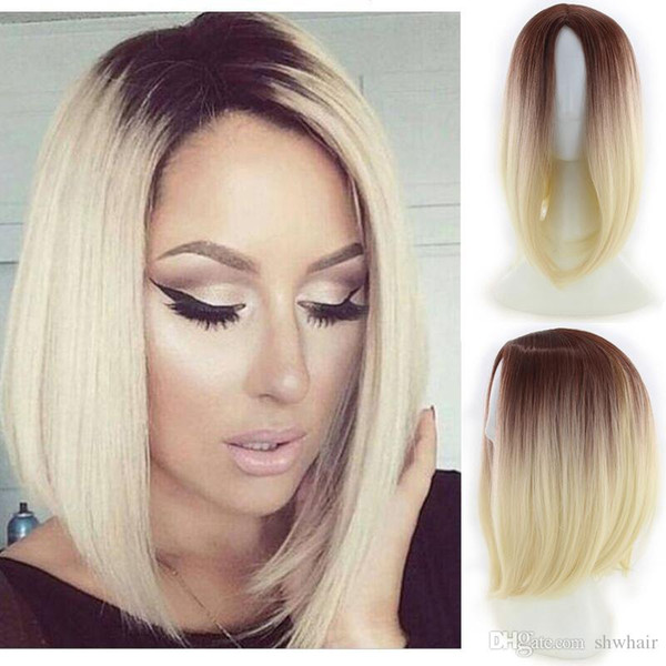 Blonde Bob Synthetic Wig For White Women Ombre Color Glueless Free Part Heat Resistant Fiber Short Bob Cut Synthetic None Lace Front Wigsv