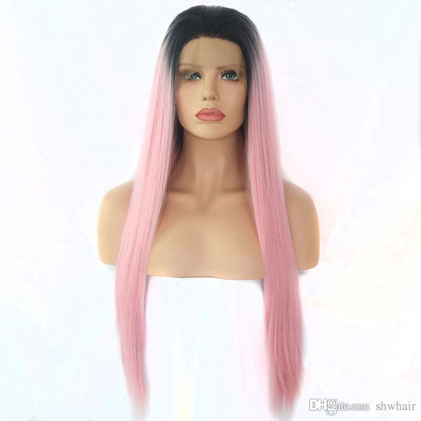 Front Lace Wig Synthetic Black Roots Ombre Pink Colored Straight Heat Resistant Fiber Hair Lacefront wigs Natural Hairline For White Women