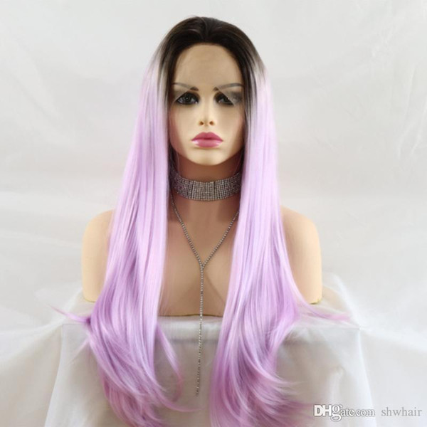 Purple Black Ombre Lace Front Wig Long Straight Dark Root With Light Purple Heat Resistant Fiber Synthetic Ombre Wigs For Women