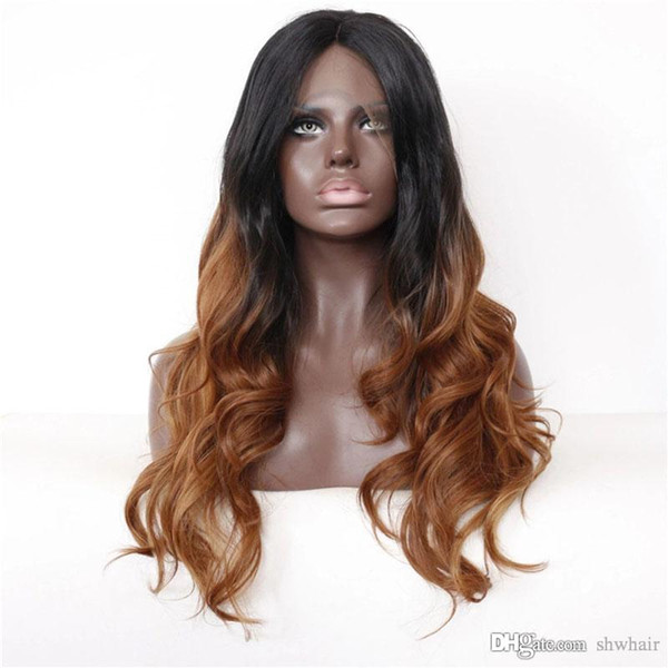 Ombre Brown Synthetic Lace Front Wig Heat Resistant Fiber Long Body Wave Glueless Dark Root Brown Ombre Color Synthetic Hair Wigs