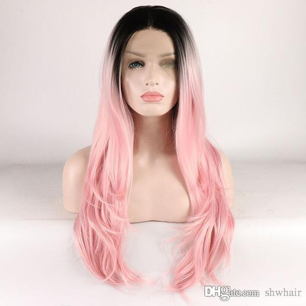 Long Straight Synthetic Lace Front Wigs Ombre Pink Color Dark Root High Temperature Half Hand Tied Pink Synthetic Ombre Wig For Whtie Women