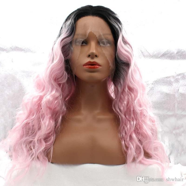 Pink Lace Front Wigs Baby Hairs Ombre Black To Pink Curly Fiber African Women Synthetic Ombre Lace Front Wig For Women