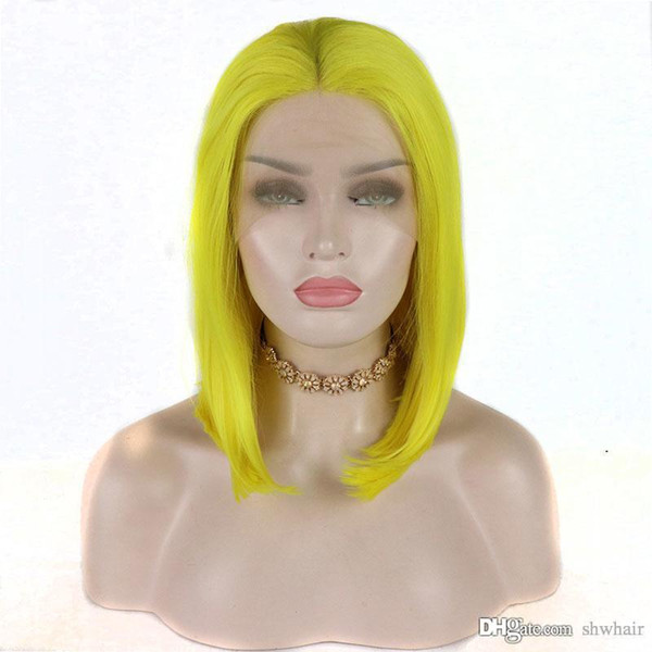 Color Yellow Lace Front Wig Heat Resistant Short Bob Cut For Women Glueless Lacefront Bob Wigs Light Yellow Synthetic Fiber Middle Parting