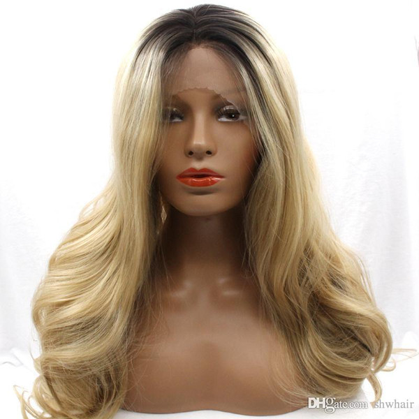 Black To Blonde Two Tone Ombre Body Wave Synthetic Lace Front Wig For Women Glueless Synthetic Fiber Hair Heat Resistant Wigs Free Part