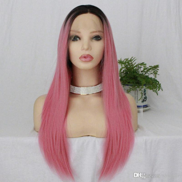 Cheap Synthetic Lace Front Wig Pink Long Straight Glueless Heat Resistant Ombre Synthetic Lacefront Wigs With Black Root For Black Women