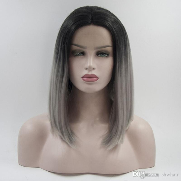 Short Bob Synthetic Hair Wig Silver Ombre Black Glueless Heat Resistant Fiber Hair Silky Straight Synthetic Lace Front Wigs For Black Women