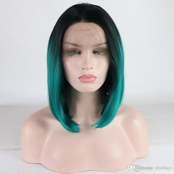 Short Ombre Blue Wig Middle Part Natural Looking Replacement Heat Resistant Fiber Ombre Blue Synthetic Bob Lace Front Wigs For Black Women