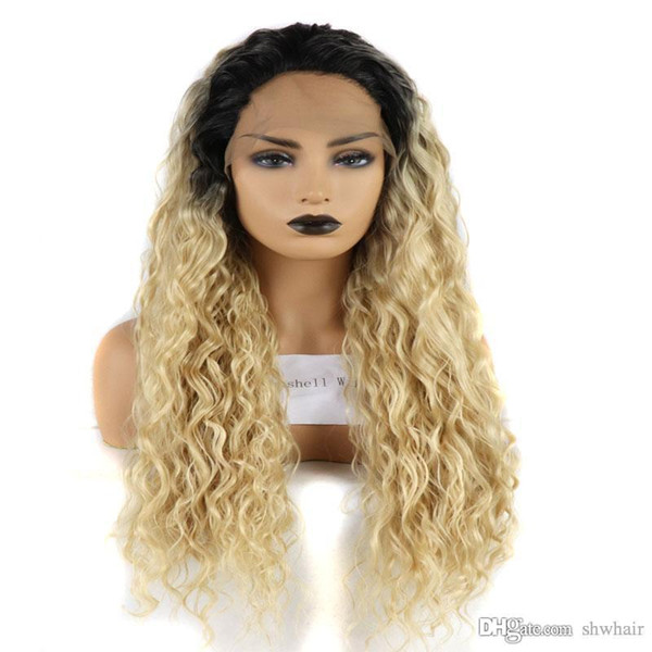 Synthetic Ombre Blonde Wigs Dark Roots Glueless Water Wave Ombre Honey Blonde Synthetic Lace Front Wig Heat Resistant Fiber Hair For Women