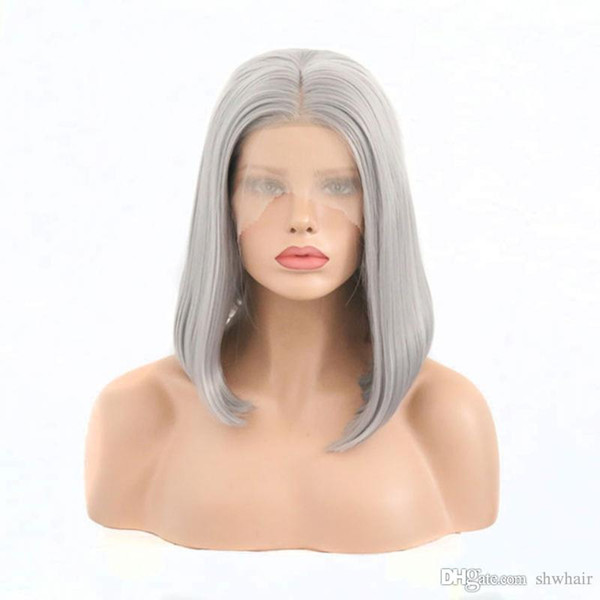 Synthetic Hair Wig Silver Grey Straight Hair Short Bob Synthetic Lace Front Wigs Middle Parting Heat Resistant Fiber For White Women