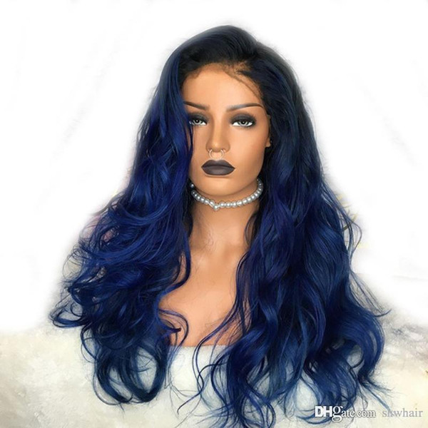 Blue Wig Synthetic Ombre Dark Root With Baby Hair Long Wavy Heat Resistant Glueless Ombre Blue Lace Front Wigs Synthetic Hair For Women