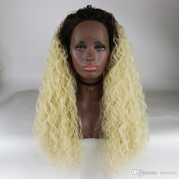 Synthetic Ombre Blonde Wigs Long Curly 2 Tones Ombre Dark Roots To Blonde Half Hand Glueless Synthetic Hair Lace Front Wig Cheap