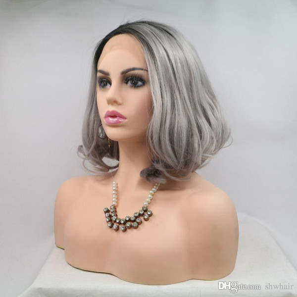 Grey Ombre Wig Bob Cut Natural Looking Heat Resistant Fiber Ombre Grey Synthetic Lace Front Short Wigs For Black Women