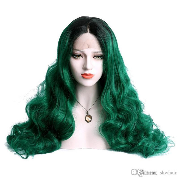 Synthetic Lace Front Wigs With Baby Hairs Ombre Black To Green Long Natural Wave Ombre Green Glueless Synthetic Hair Wig Middle Parting