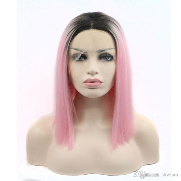 Ombre Synthetic Lace Front Wig Black Roots Ombre Honey Pink Hand Tied Short Bob Synthetic Lacefront Wigs Heat Resistant Fiber Hair