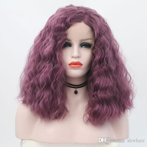 Purple Bouncy Curly Short Bob Synthetic Lace Front Wig With Baby Hairs Glueless Heat Resistant Fiber Hair Synthetic Wigs Side Parting