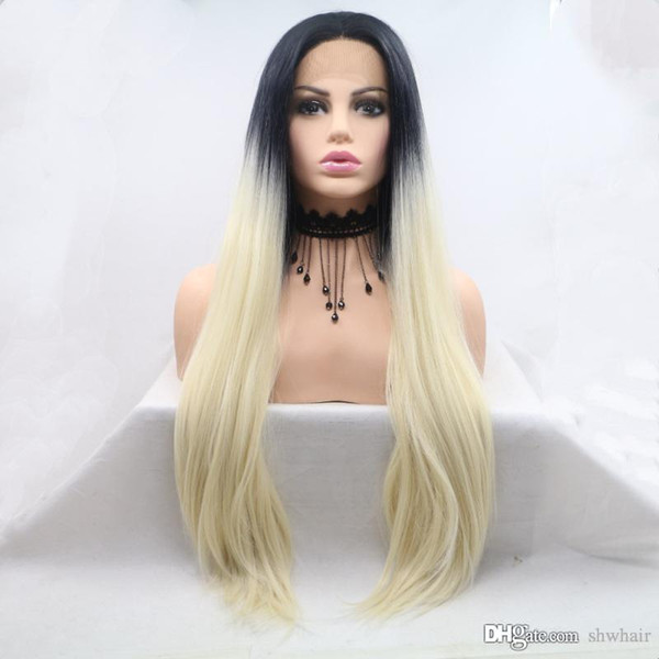 Synthetic Ombre Blonde Wigs For Black Women High Temperature Long Straight Ombre Platinum Blonde Synthetic Lace Front Wig With Baby Hairs