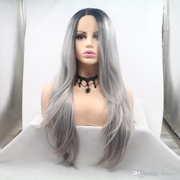 Silver Lace Wig Ombre Natural Wavy Heat Resistant Fiber Synthetic Dark Root Gray Lace Front Ombre Silver Grey Wigs For Black Women