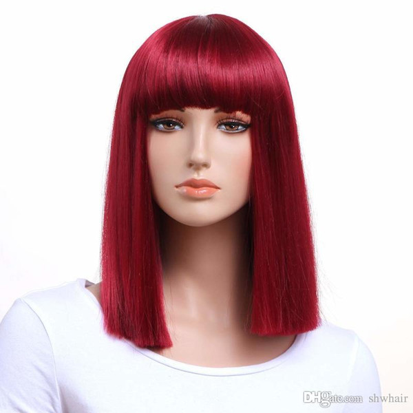 Synthetic Red Bob Lace Front Wigs With Bangs Medium Length Straight For Women Burgundy Synthetic Wig Heat Resistant With Full Bang