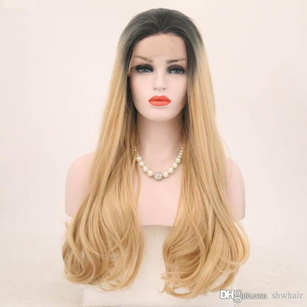 Long Straight Lace Front Wig Blonde Ombre Dark Root Heat Resistant Fiber Hair Lacefront Ombre Blonde Synthetic Wigs For Black Women