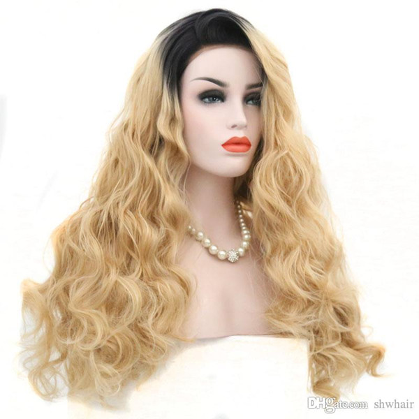 Synthetic Lace Front Wig Blonde Root Black Ombre Heat Resistant Fiber Hair Honey Blonde Synthetic Wigs Natural Hairline For Women