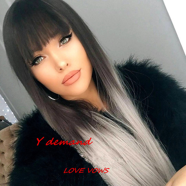 Synthetic Wigs Long Ombre Grey Pink Hair Wig For Women With Bang Hot Sale BOB Straight Wig Y demand New 