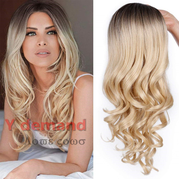 Top quality Beauty Fashion Long Straight Wig Ombre Blonde Hair for Woman Dark Roots Wigs Natural Looking Synthetic Fiber Wig