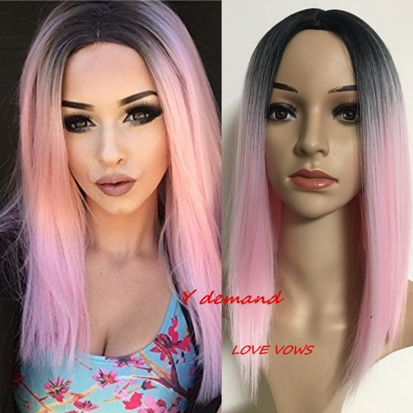 Black Ombre Pink Short Straight Bob Synthetic None Lace Wig Women High Temperature Short Hairstyles Natural Looking Wig For Women