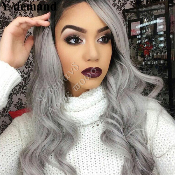 Halloween Costume Grey Wigs Heat Resistant Female Long Wavy Curly Synthetic Lace Front Wigs Ombre wigs for black women Y demand