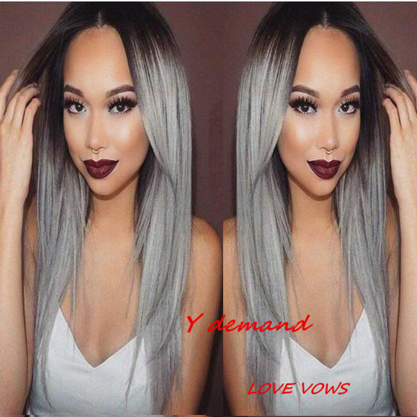 Summer Fashion Long Straight Wig Ombre Grey Hair Wigs Synthetic Full Wig for Black Women 