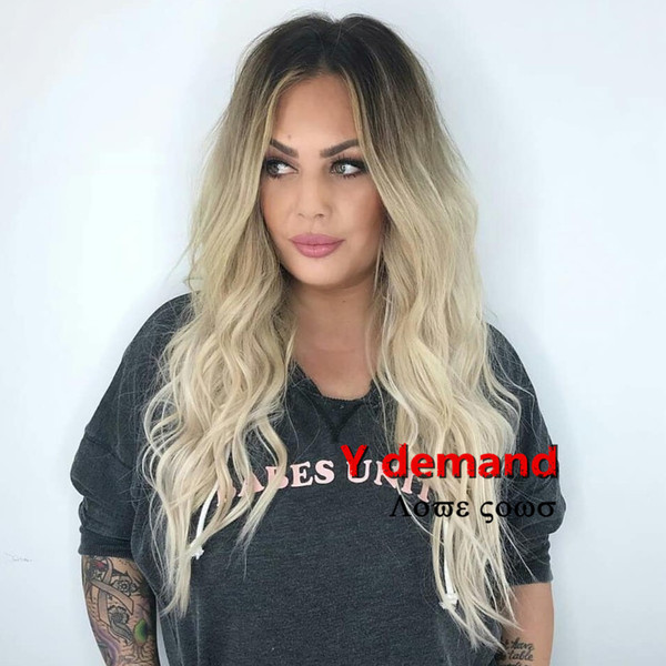 Ombre Two Tone Silky Straight Full Wigs Synthetic Hair Wigs Peruvian Virgin Hair Long Wave Wigs Bleached Knots Ombre Wig Glueless